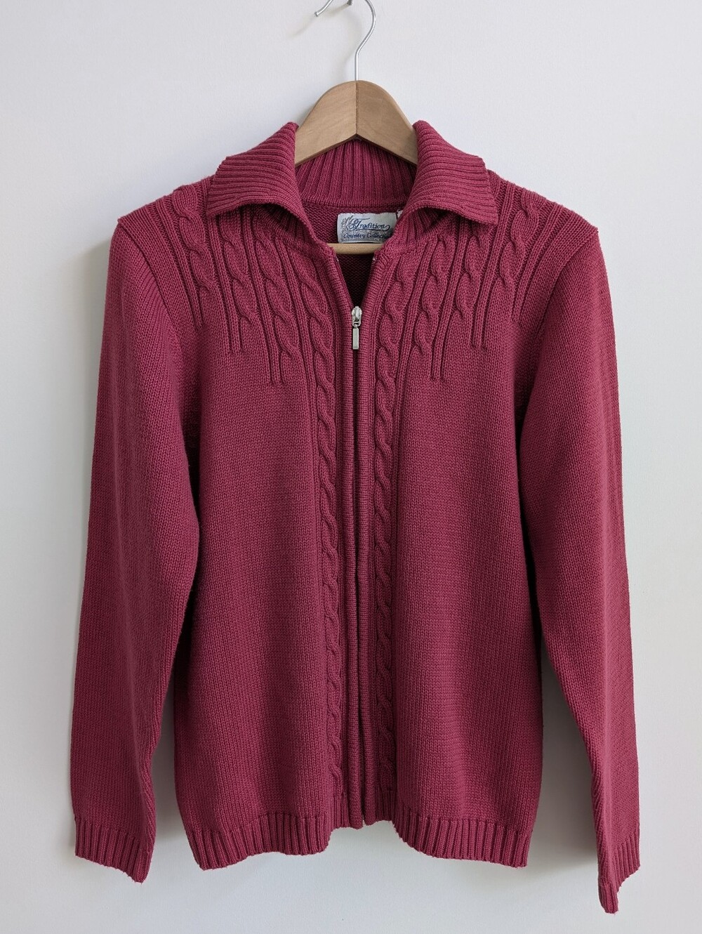 Tradition Country Deep Pink Cotton Blend Zip Up Knit Cardigan Sweater Small